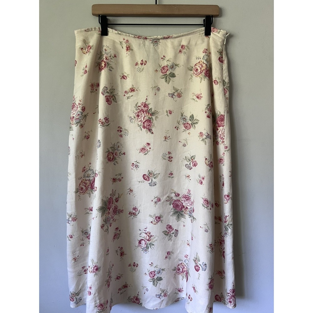 Lauren Ralph Lauren Vintage 90s Linen Midi Skirt Cabbage Rose 10 Prairie Cottage